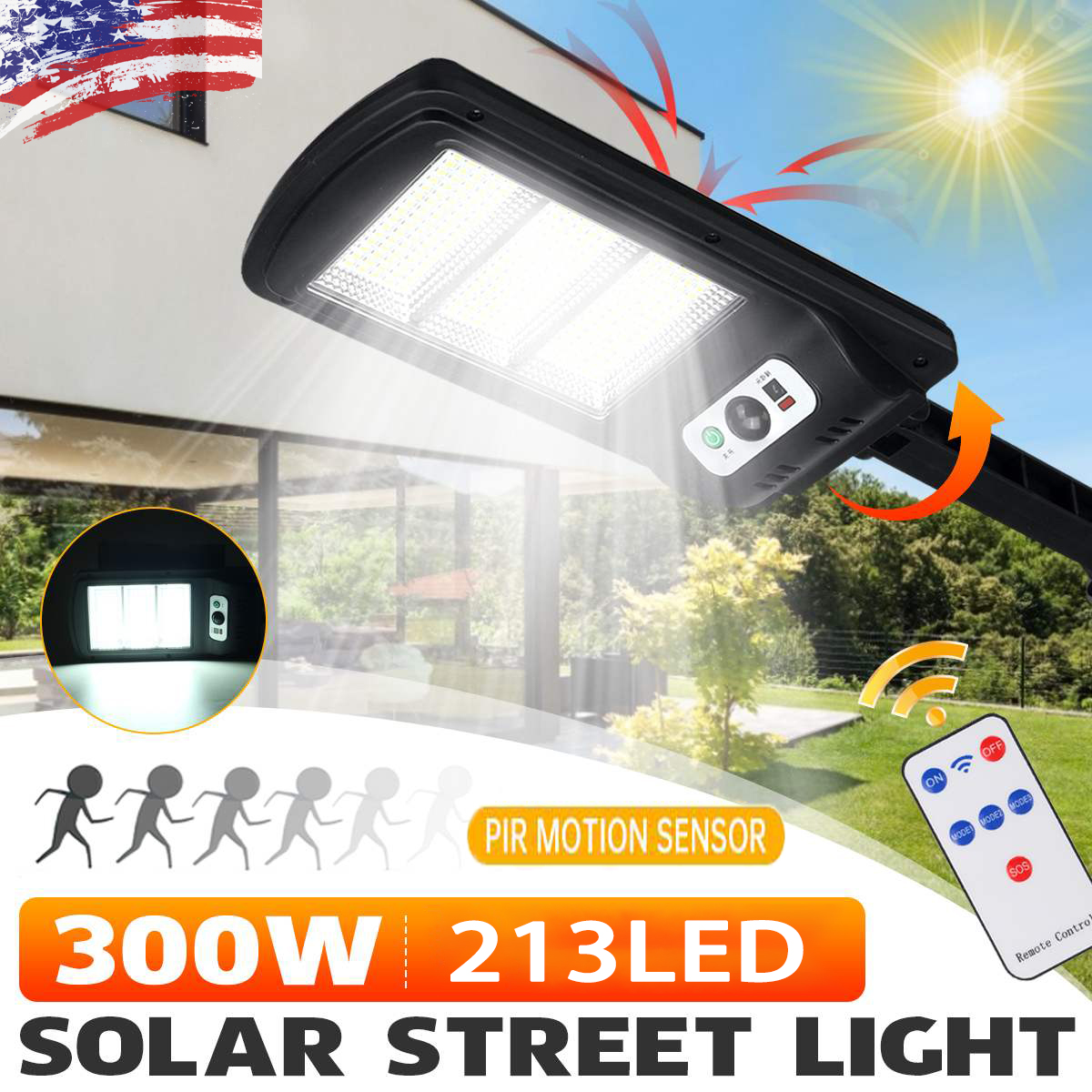 300W LED Solar Street Wall Light PIR Motion Sensor Outdoor Lamp Control Remote