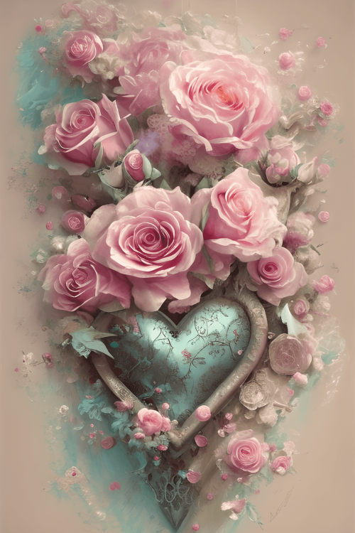 Beautiful Shabby Chic Pink Roses And Teal Flowers And Leaves 54685636 1